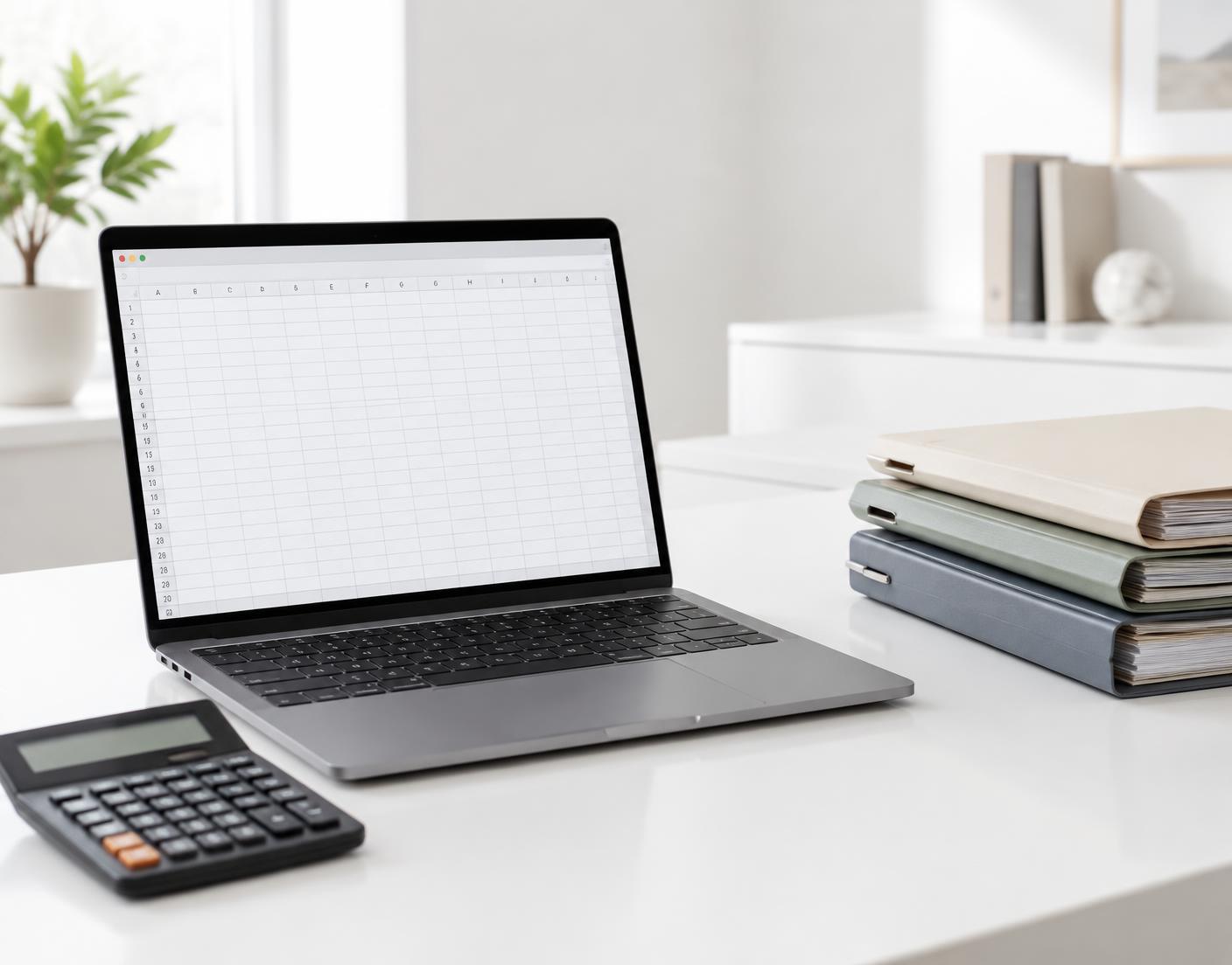 Laptop, calculator and filing folders on a white desk
