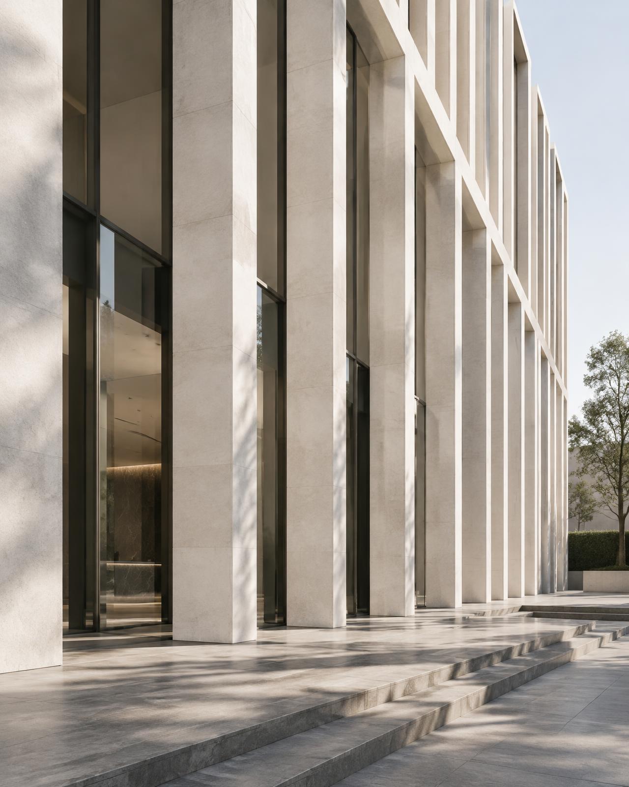 Pale stone columns of a contemporary building in daylight